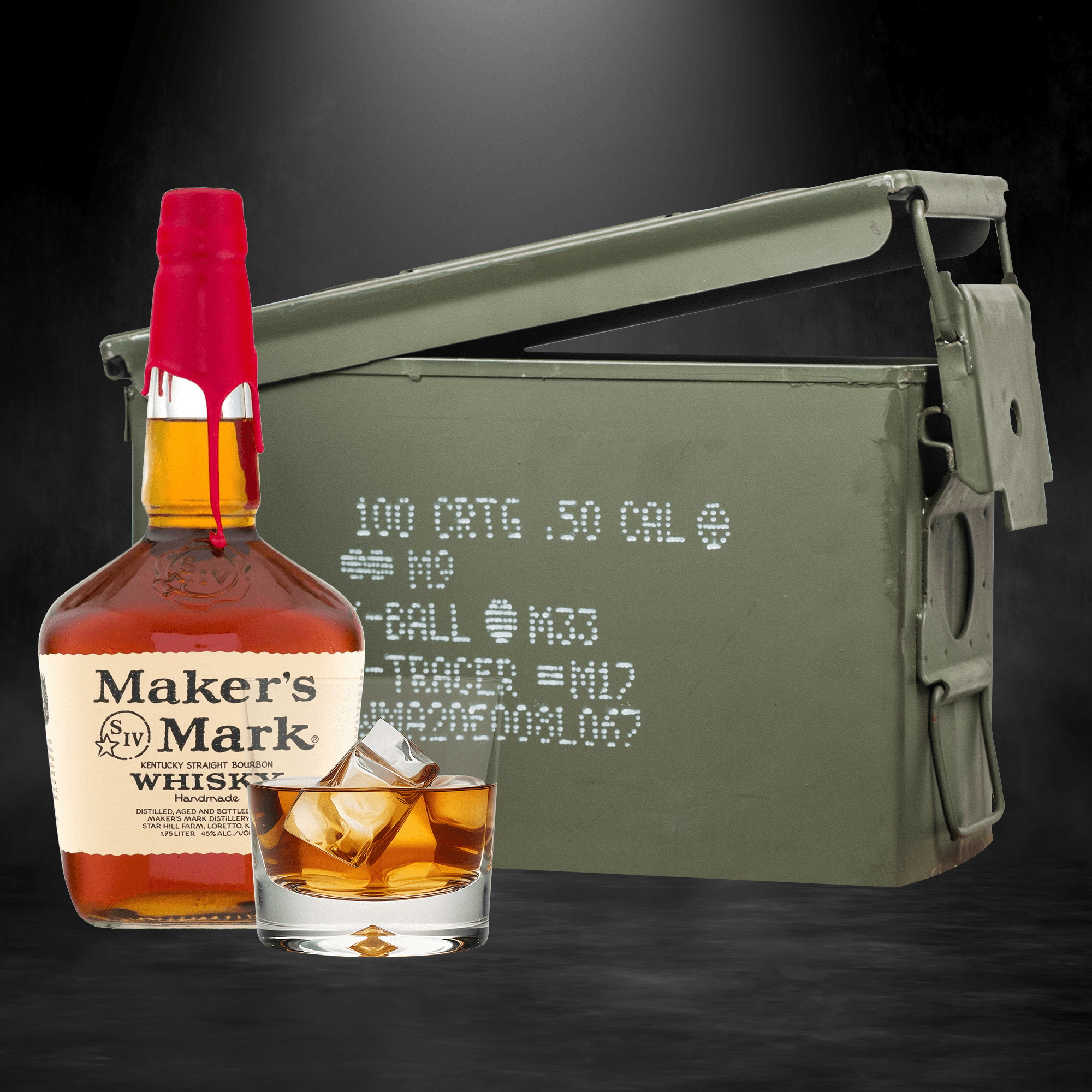 Maker’s Mark bourbon bottle inside authentic ammo can gift set